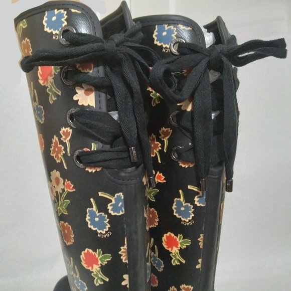 EUC Coach TRISTEE Black & Multicolor Floral Rainboots RARE WOM US 7 / EU 37 ANB - Picture 6 of 9